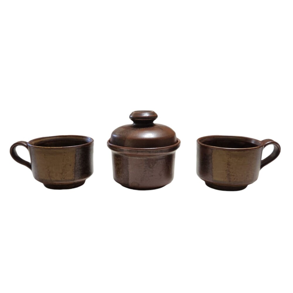 Iron Mountain Stoneware Roan Sugar Bowl with Lid and Flat Cups (2)